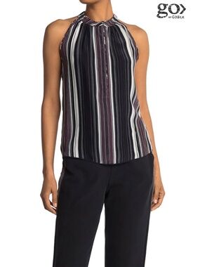 GO BY GO SILK NWT GO MAKE THE CUT PRINTED SILK TUXEDO STRIPE BLOUSE. SIZE S